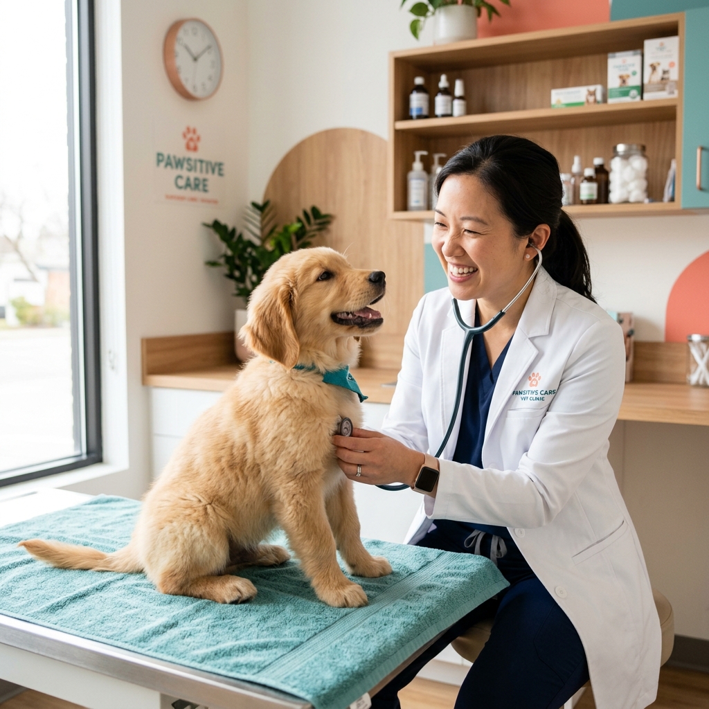 Bác sĩ thú y đang khám cho một chú chó trong phòng khám sáng sủa